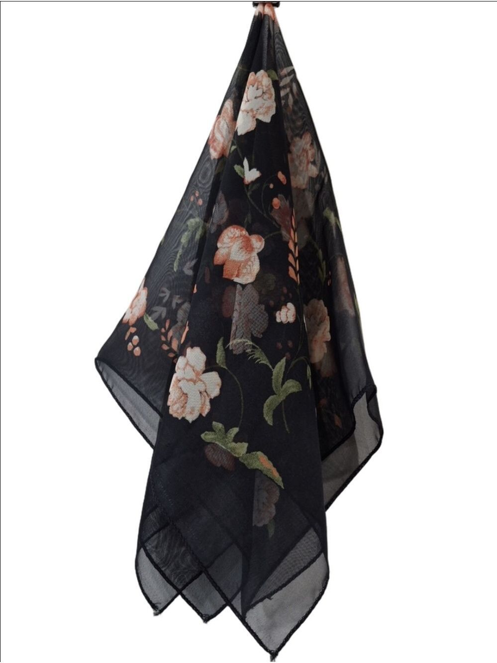 Floral Chiffon Neckerchief Sheer Black Square Scarf 19"x19"